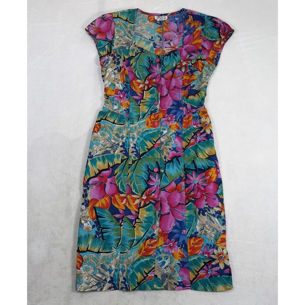 Vintage 90s Fame Multi-Color Dress Womens Medium Short Sleeve Button Front Chrty